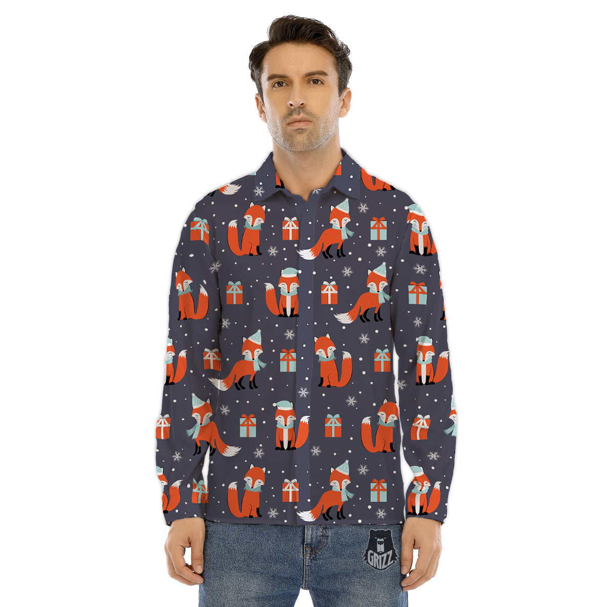 Fox Christmas Print Pattern Men's Dress Shirts-grizzshop