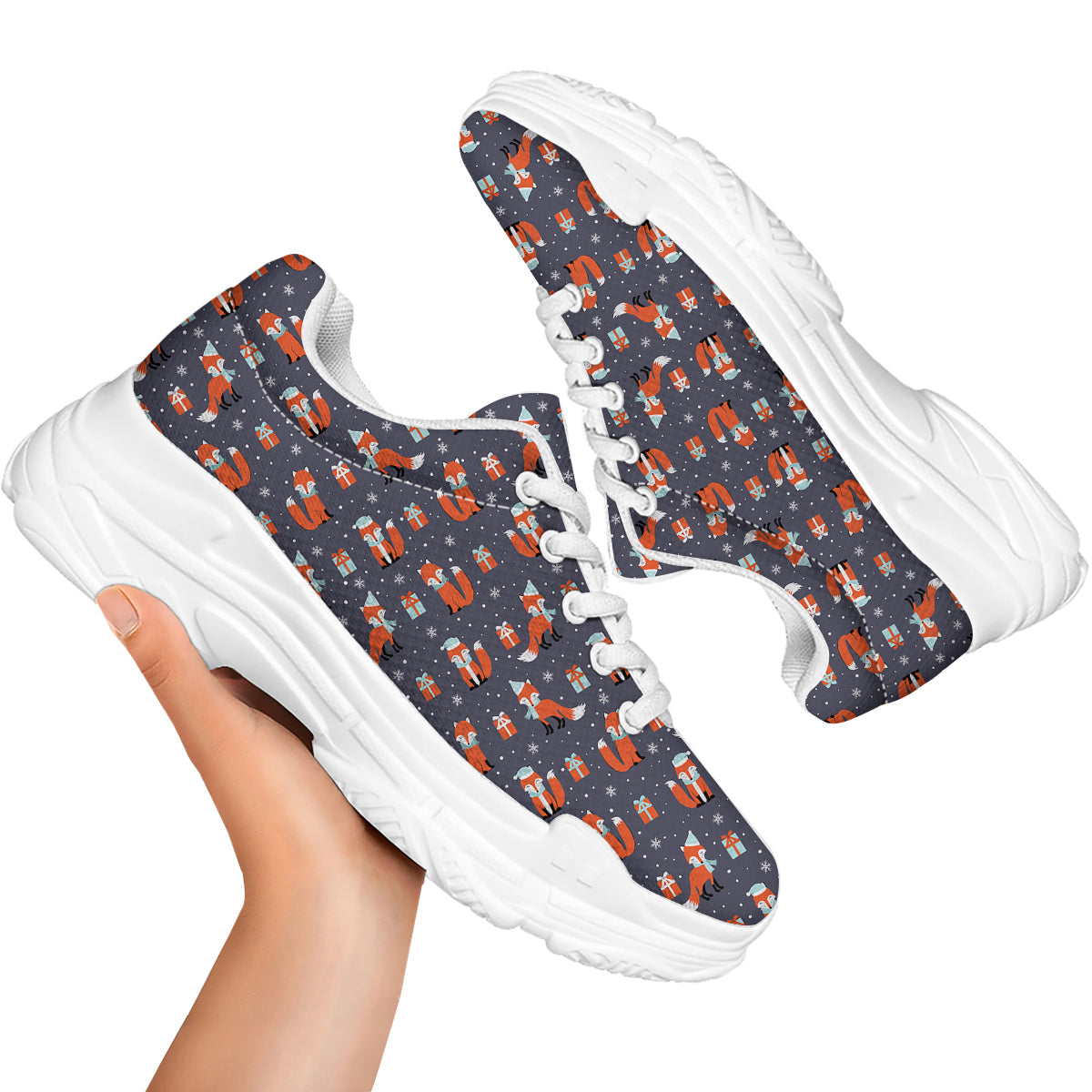 Fox Christmas Print Pattern White Chunky Shoes-grizzshop