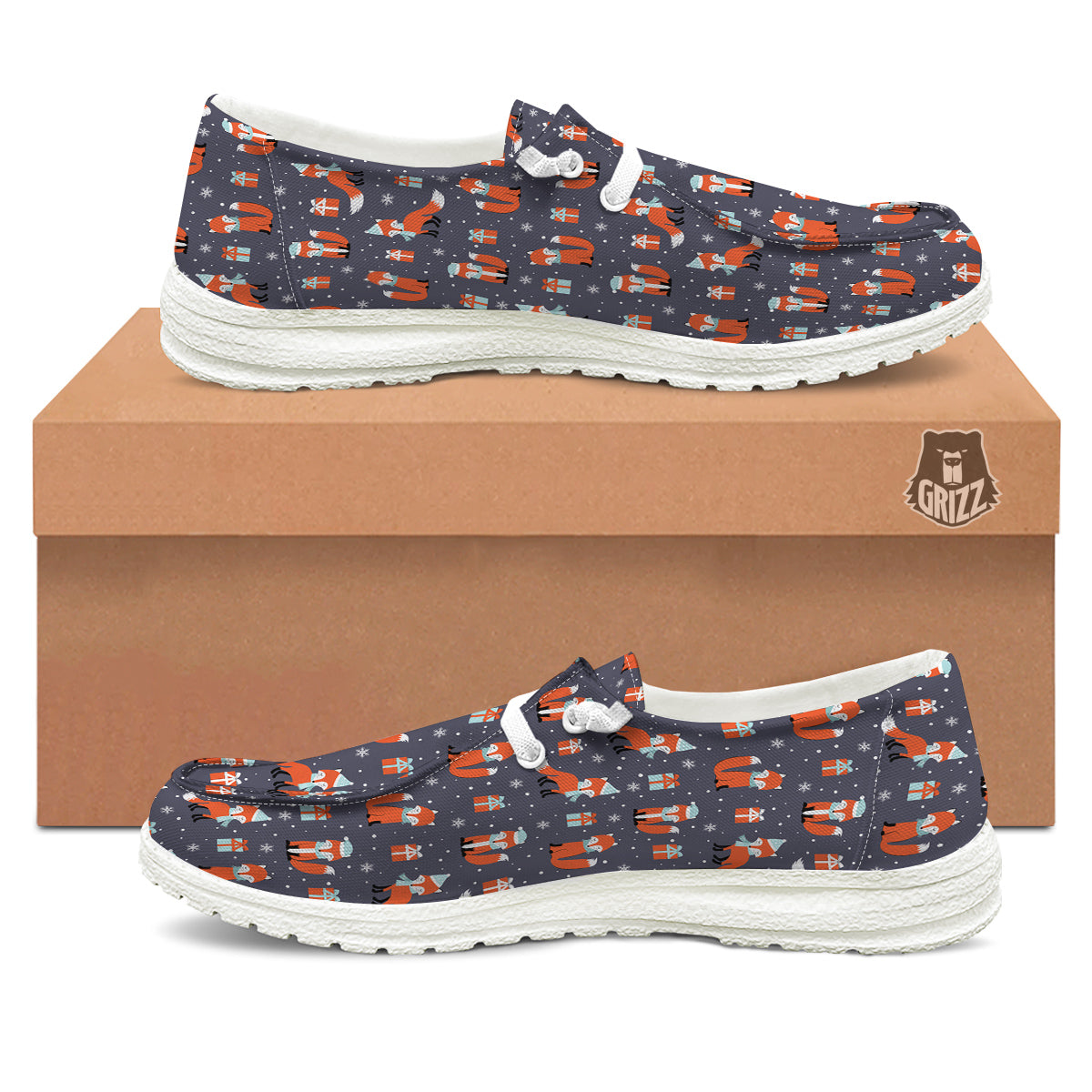Fox Christmas Print Pattern White Loafers-grizzshop