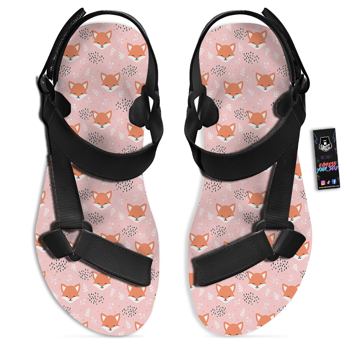 Fox Cute Print Pattern Black Open Toe Sandals-grizzshop