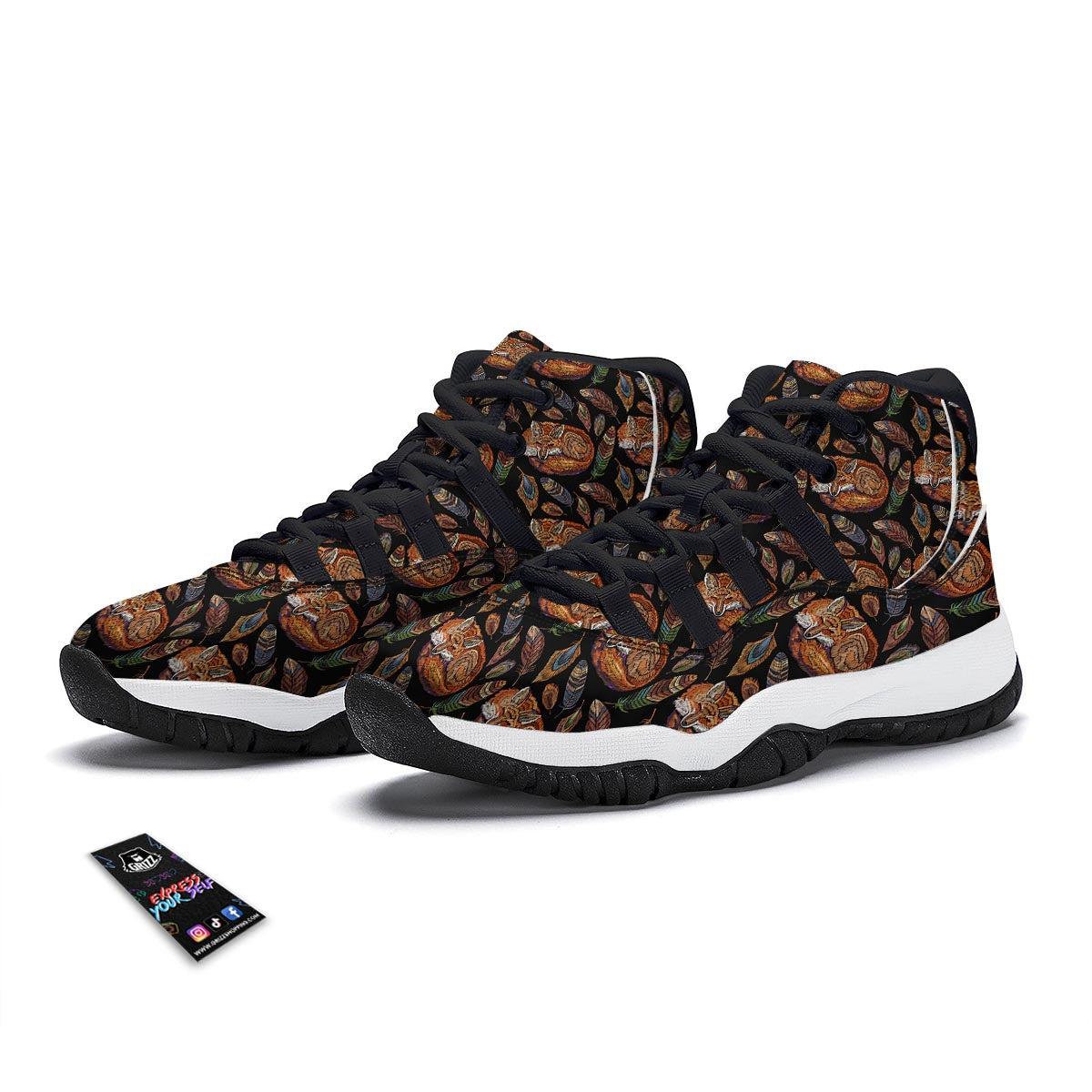 Fox Feather Pattern Print Black Bball Shoes-grizzshop