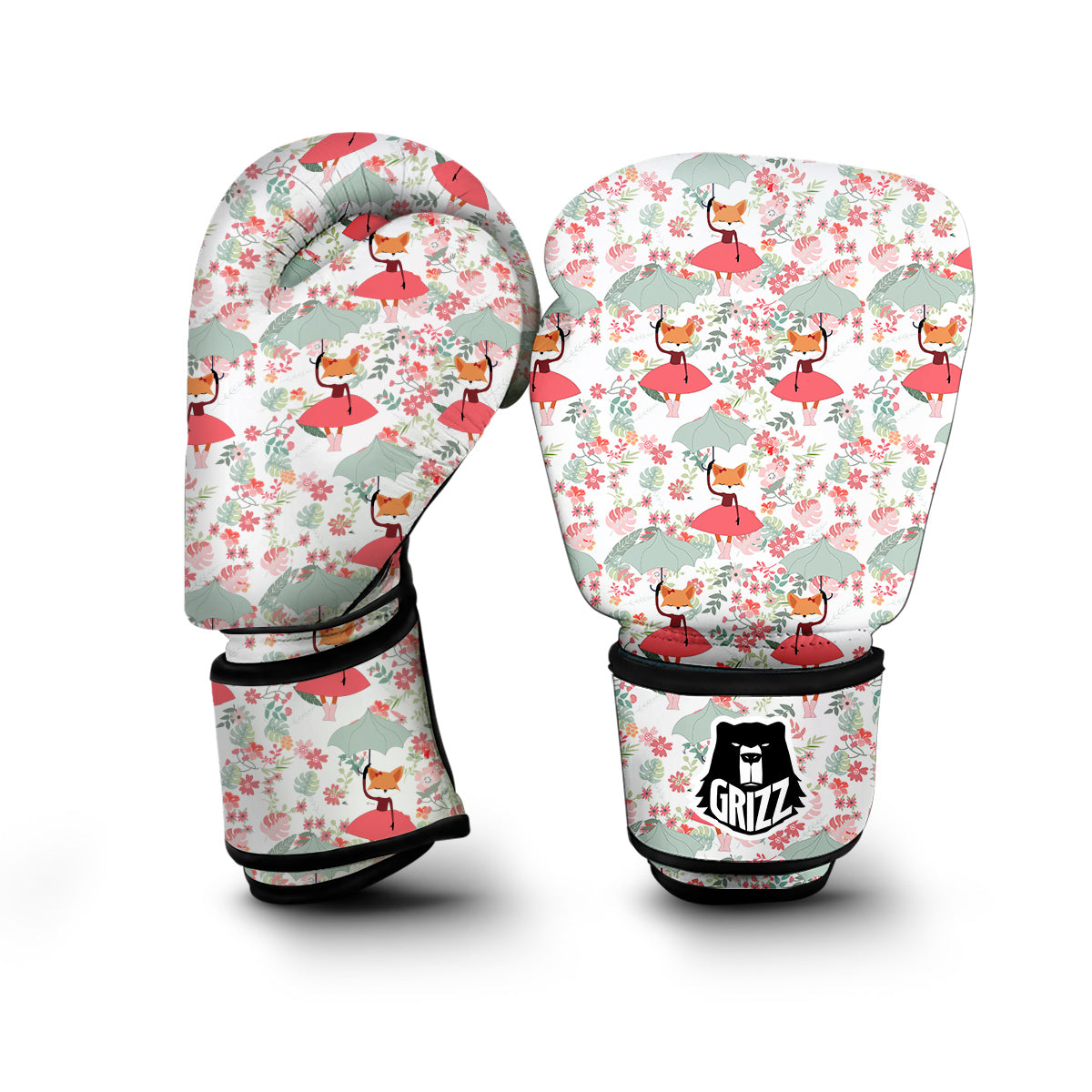 Fox Girl Flower Pattern Print Boxing Gloves-grizzshop