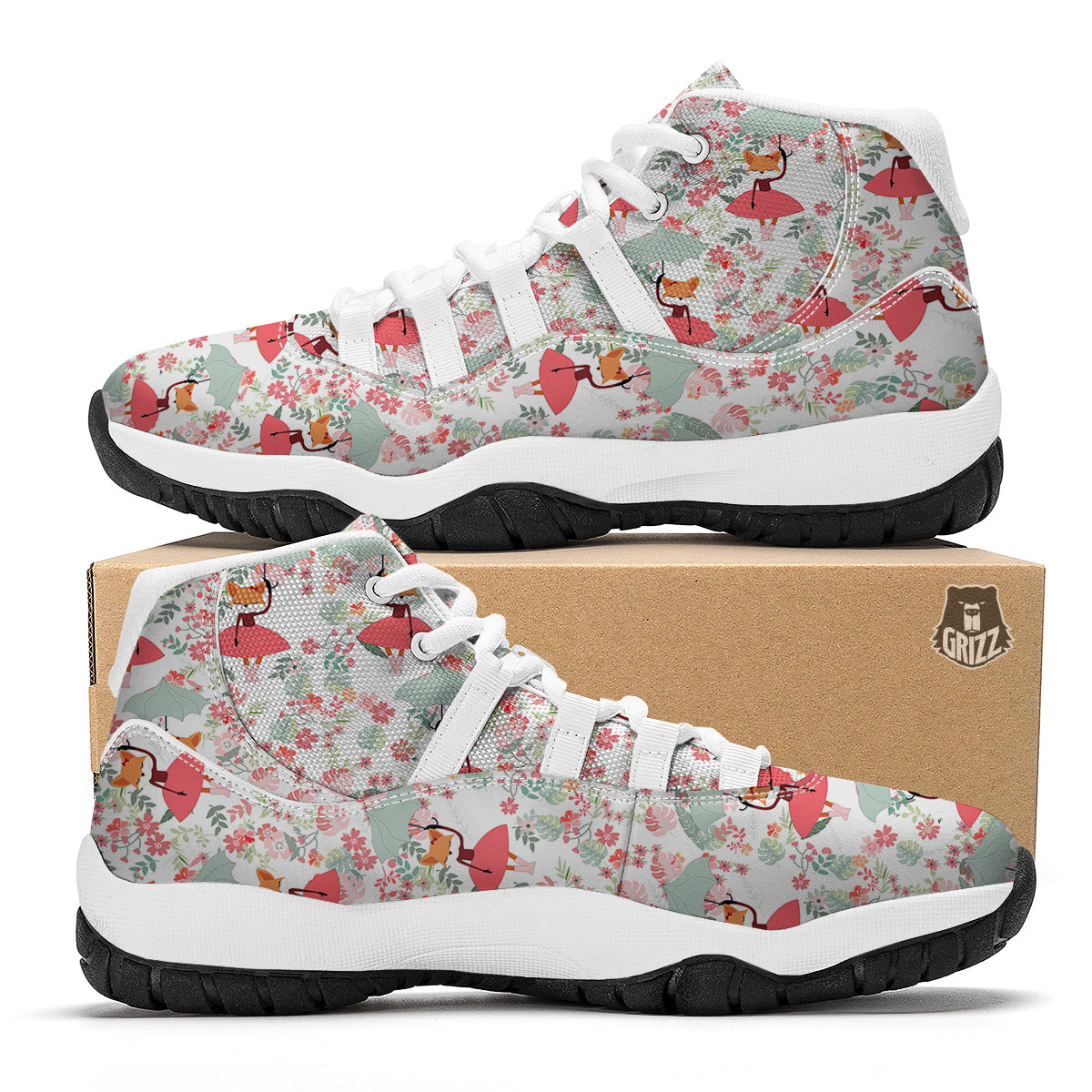 Fox Girl Flower Pattern Print White Bball Shoes-grizzshop