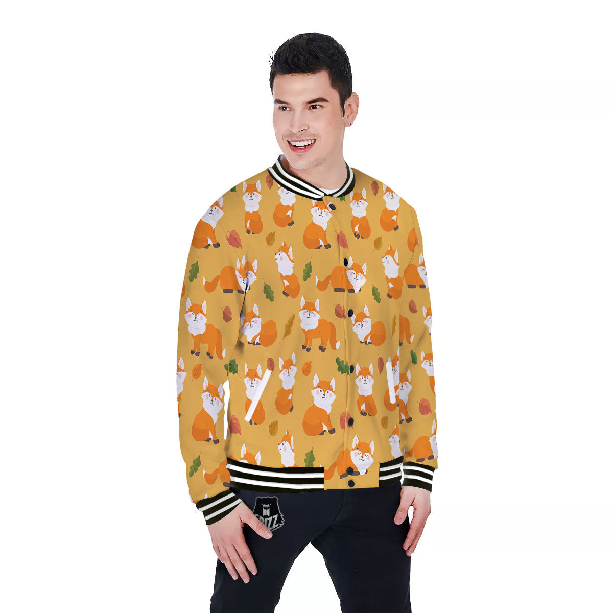 Fox Orange Print Pattern Baseball Jacket-grizzshop