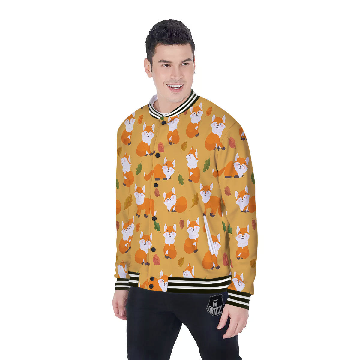 Fox Orange Print Pattern Baseball Jacket-grizzshop