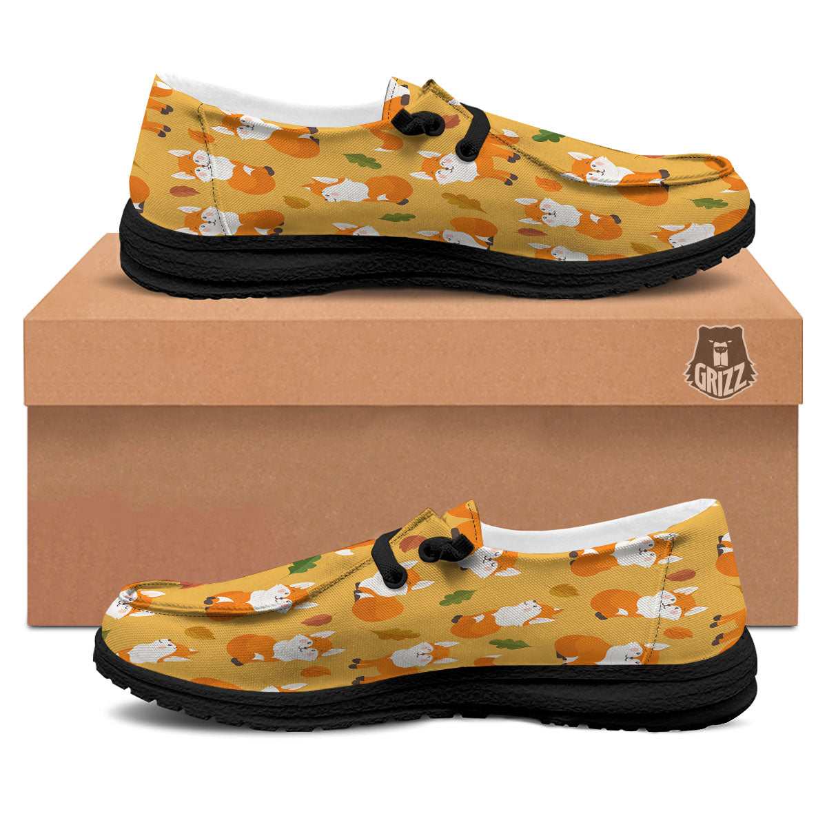Fox Orange Print Pattern Black Loafers-grizzshop