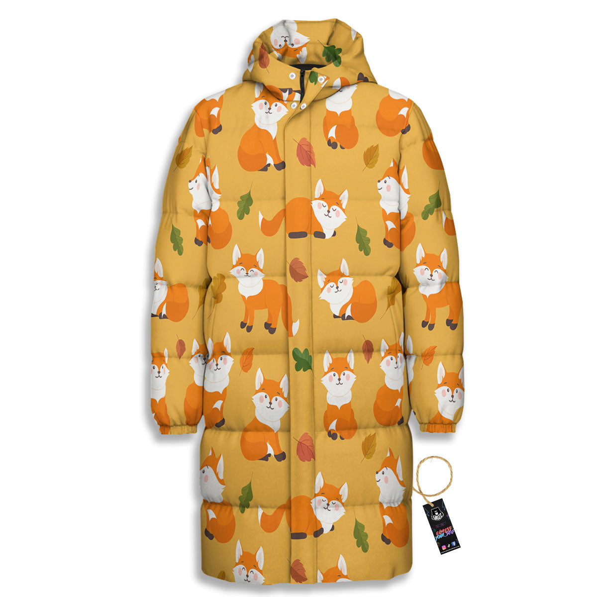 Fox Orange Print Pattern Long Down Jacket-grizzshop