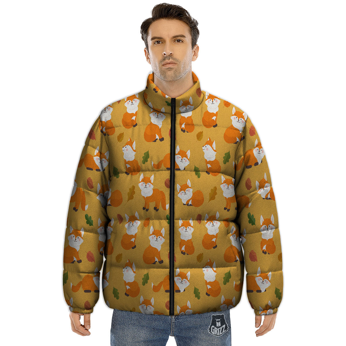 Fox Orange Print Pattern Puffer Jacket-grizzshop