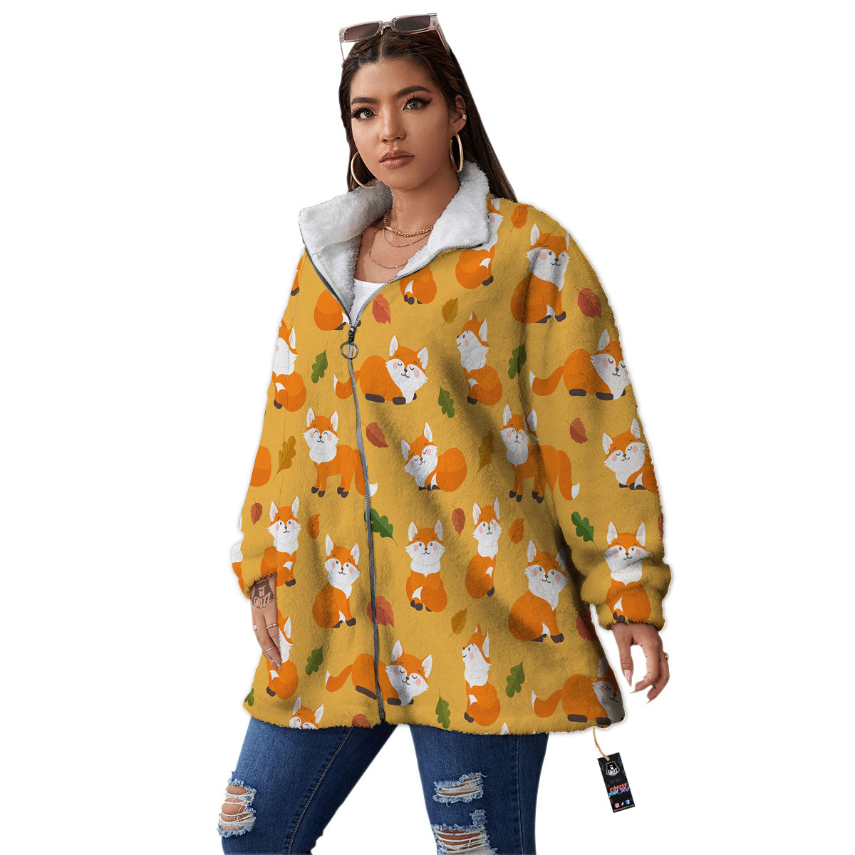 Fox Orange Print Pattern Women's Sherpa Jacket-grizzshop