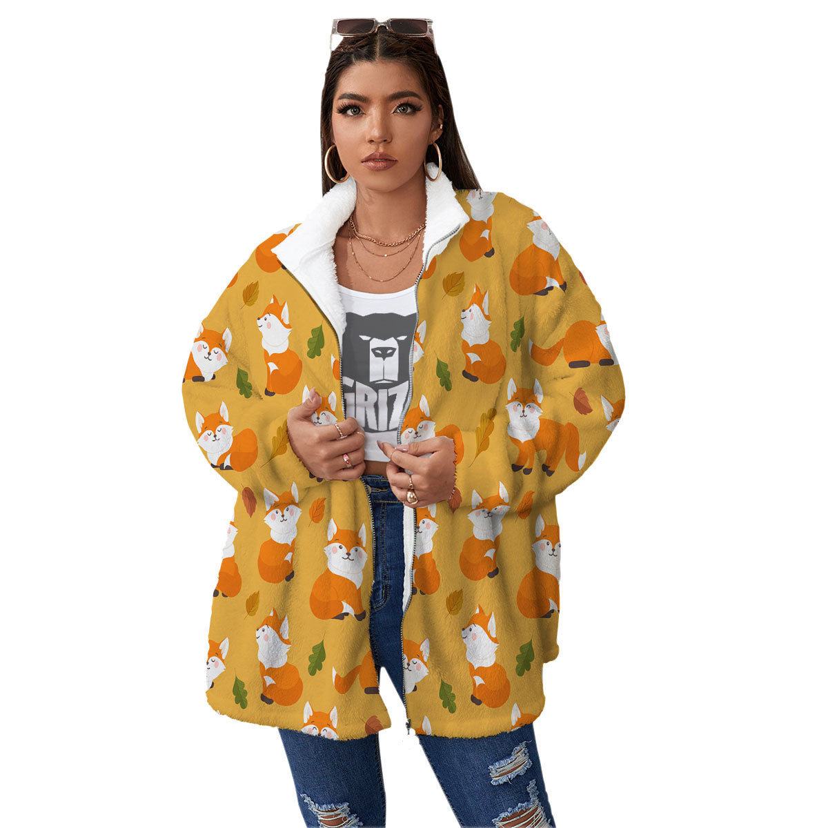 Fox Orange Print Pattern Women's Sherpa Jacket-grizzshop
