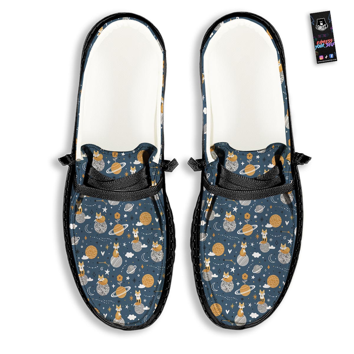 Fox Space Print Pattern Black Loafers-grizzshop
