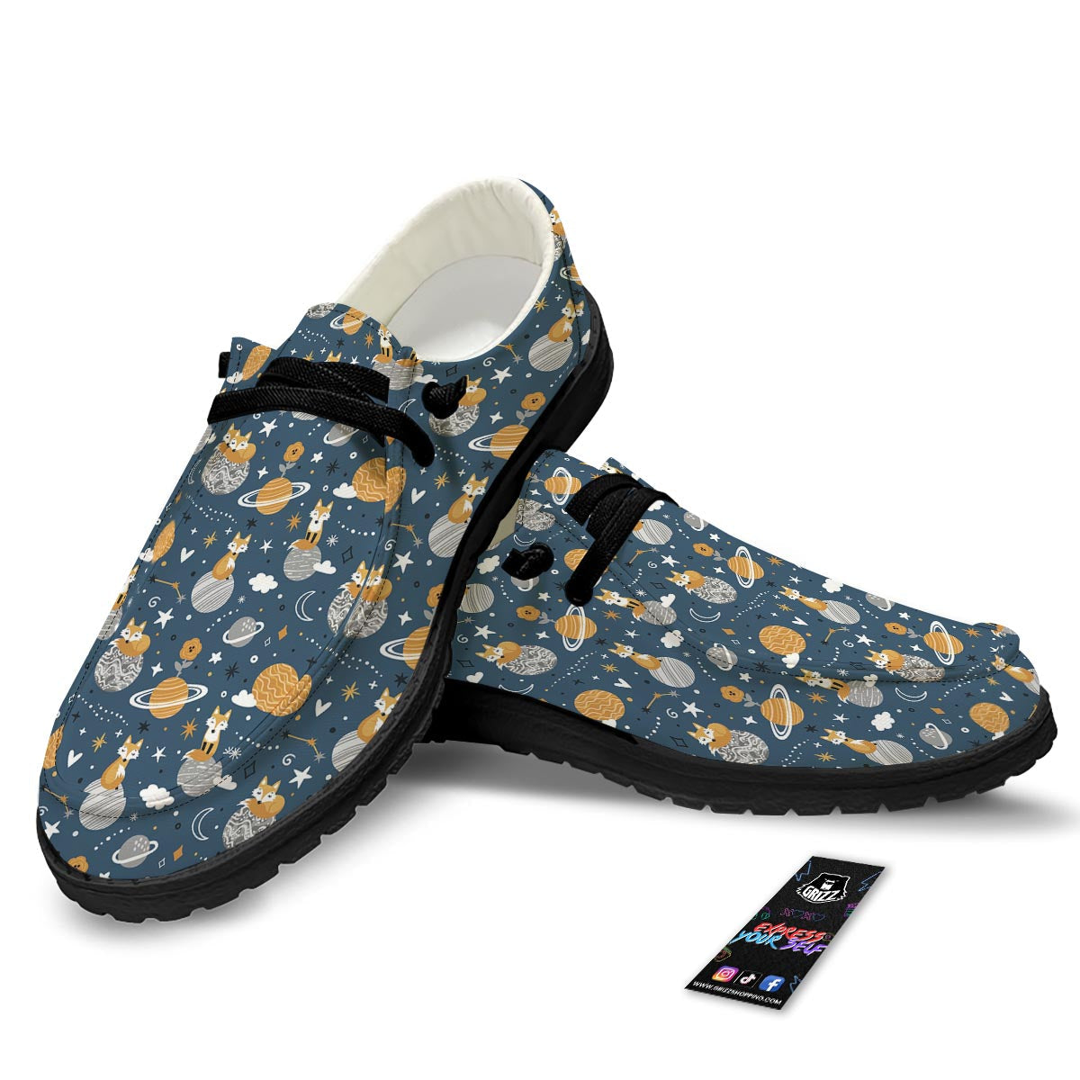Fox Space Print Pattern Black Loafers-grizzshop