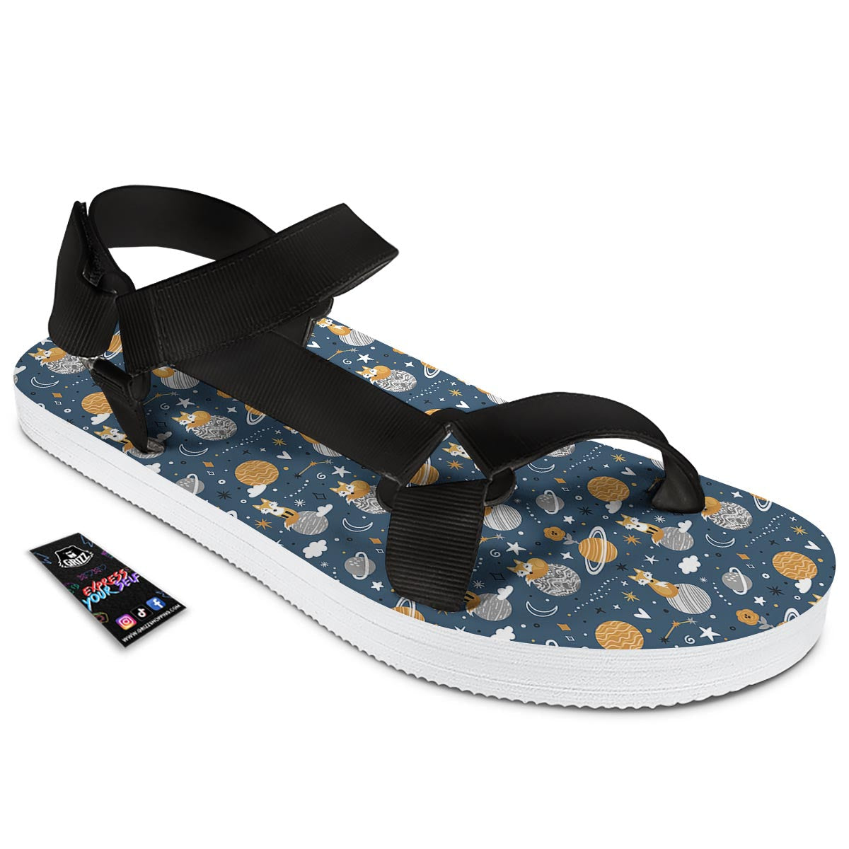 Fox Space Print Pattern Black Open Toe Sandals-grizzshop