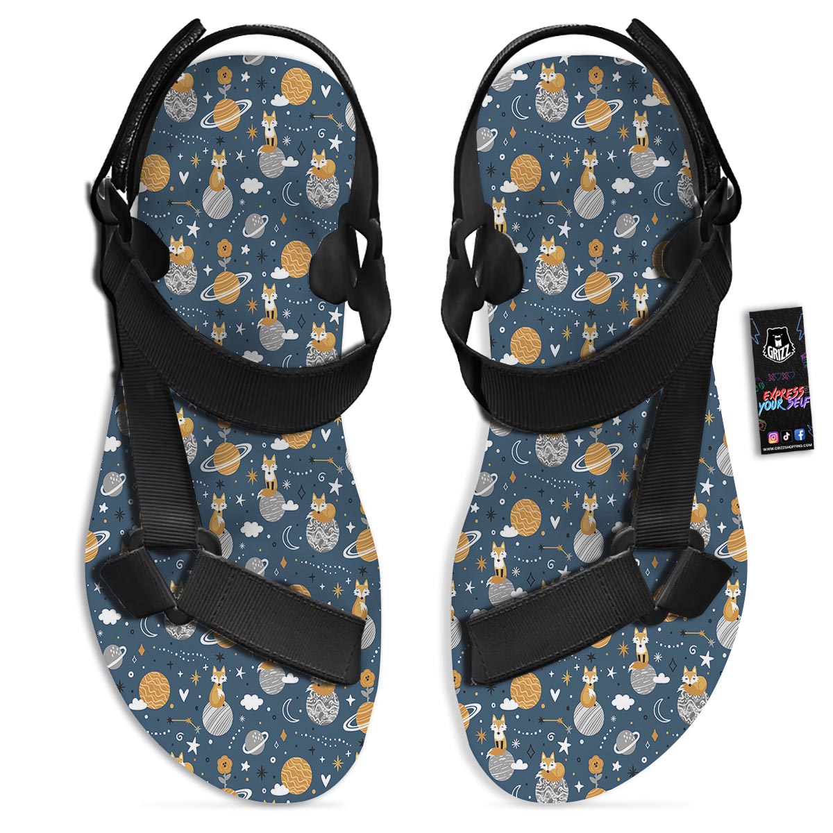 Fox Space Print Pattern Black Open Toe Sandals-grizzshop
