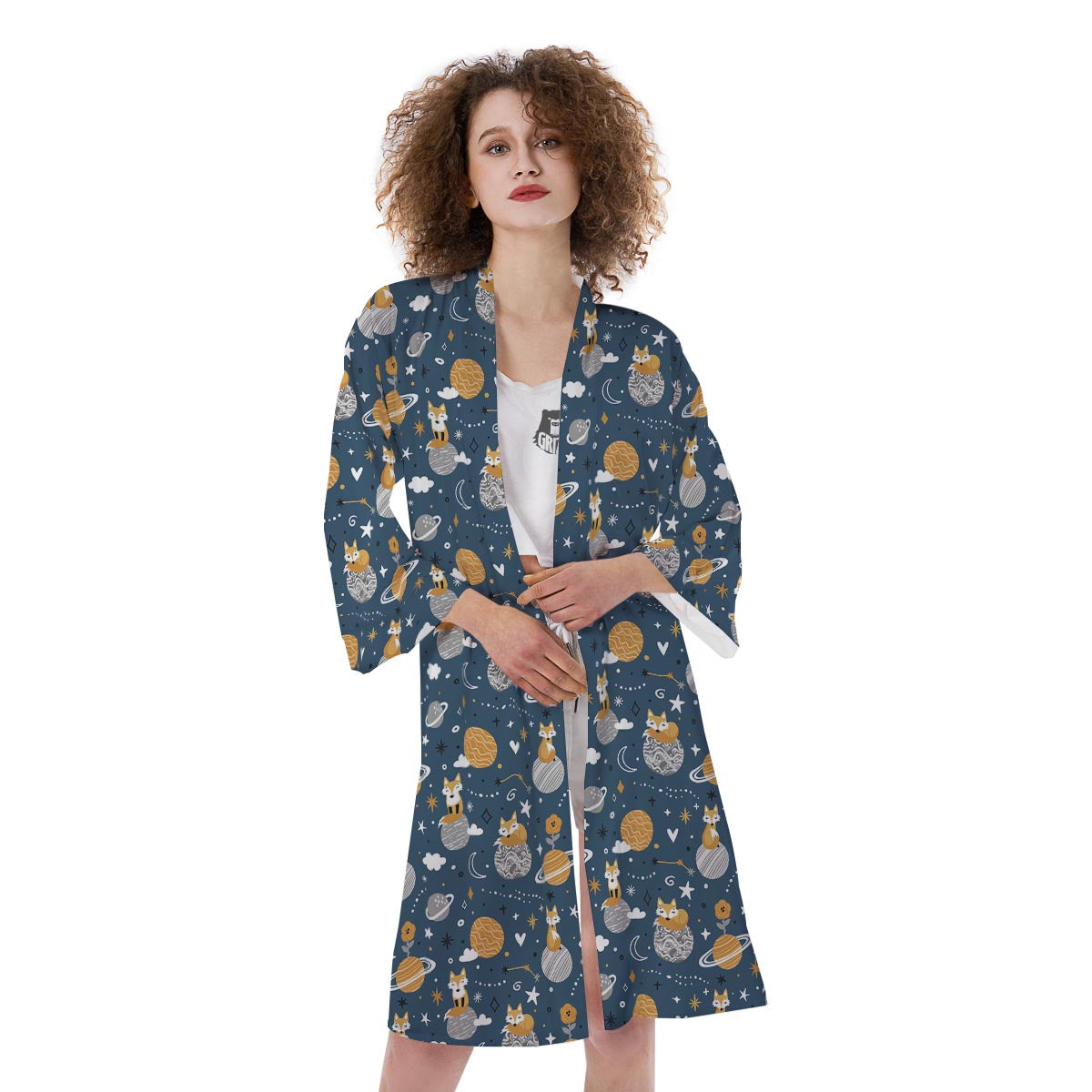 Fox Space Print Pattern Kimono-grizzshop