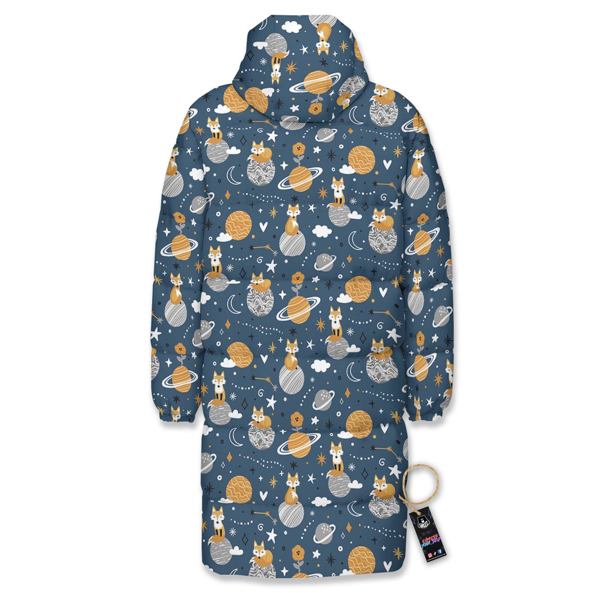 Fox Space Print Pattern Long Down Jacket-grizzshop
