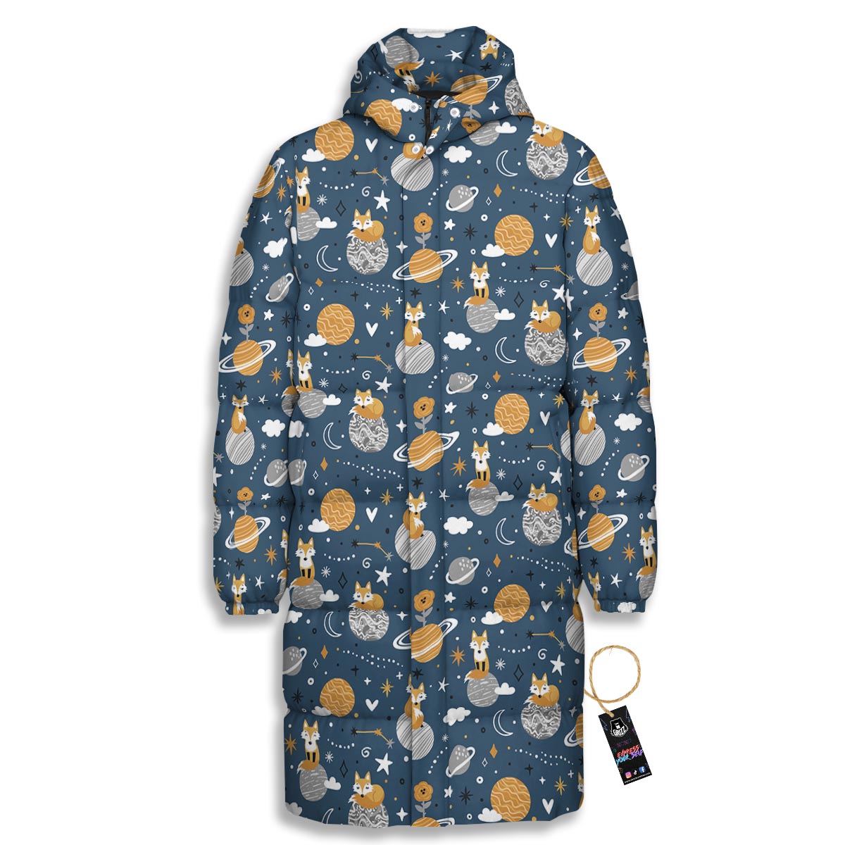 Fox Space Print Pattern Long Down Jacket-grizzshop