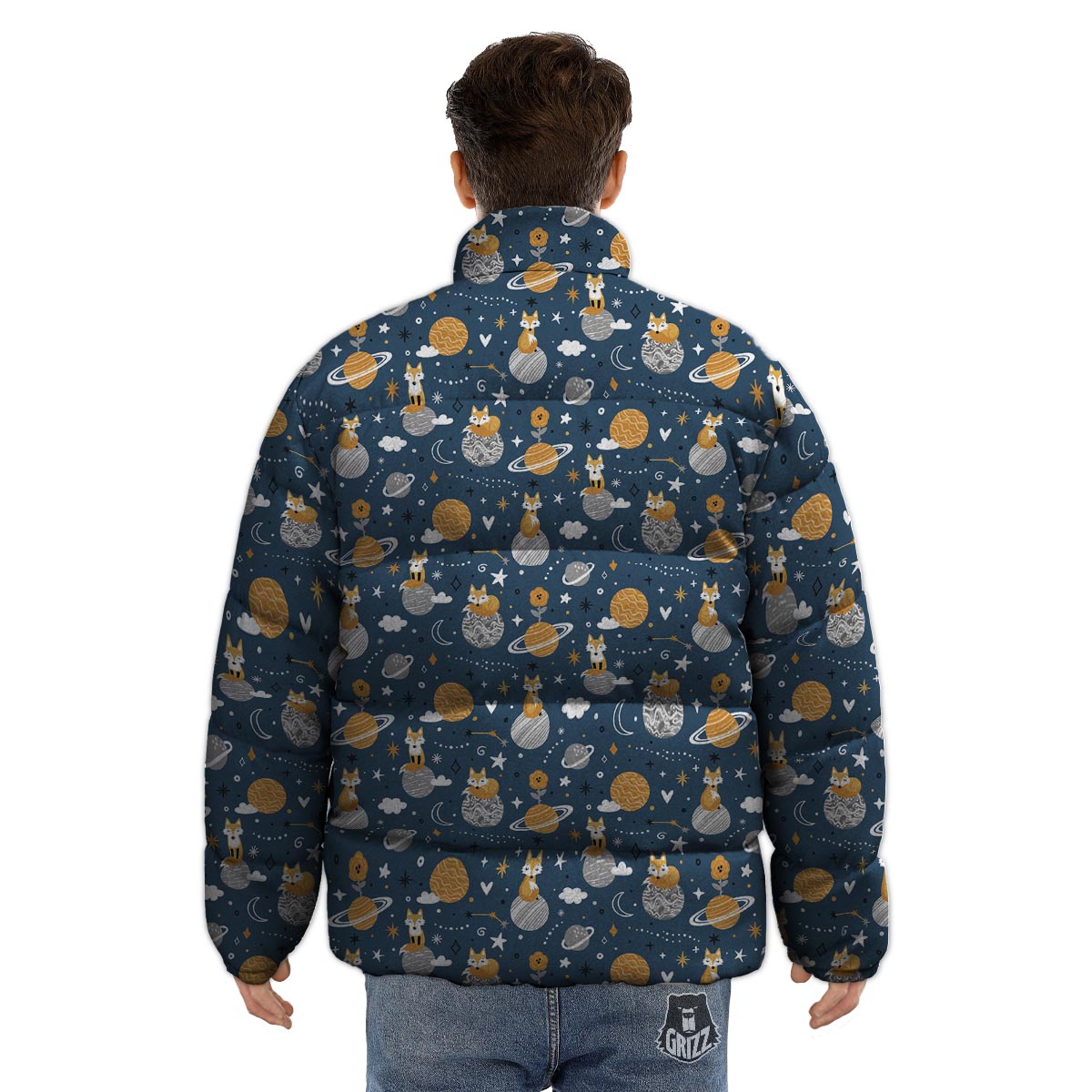 Fox Space Print Pattern Puffer Jacket-grizzshop