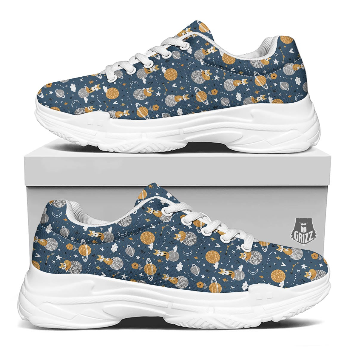 Fox Space Print Pattern White Chunky Shoes-grizzshop
