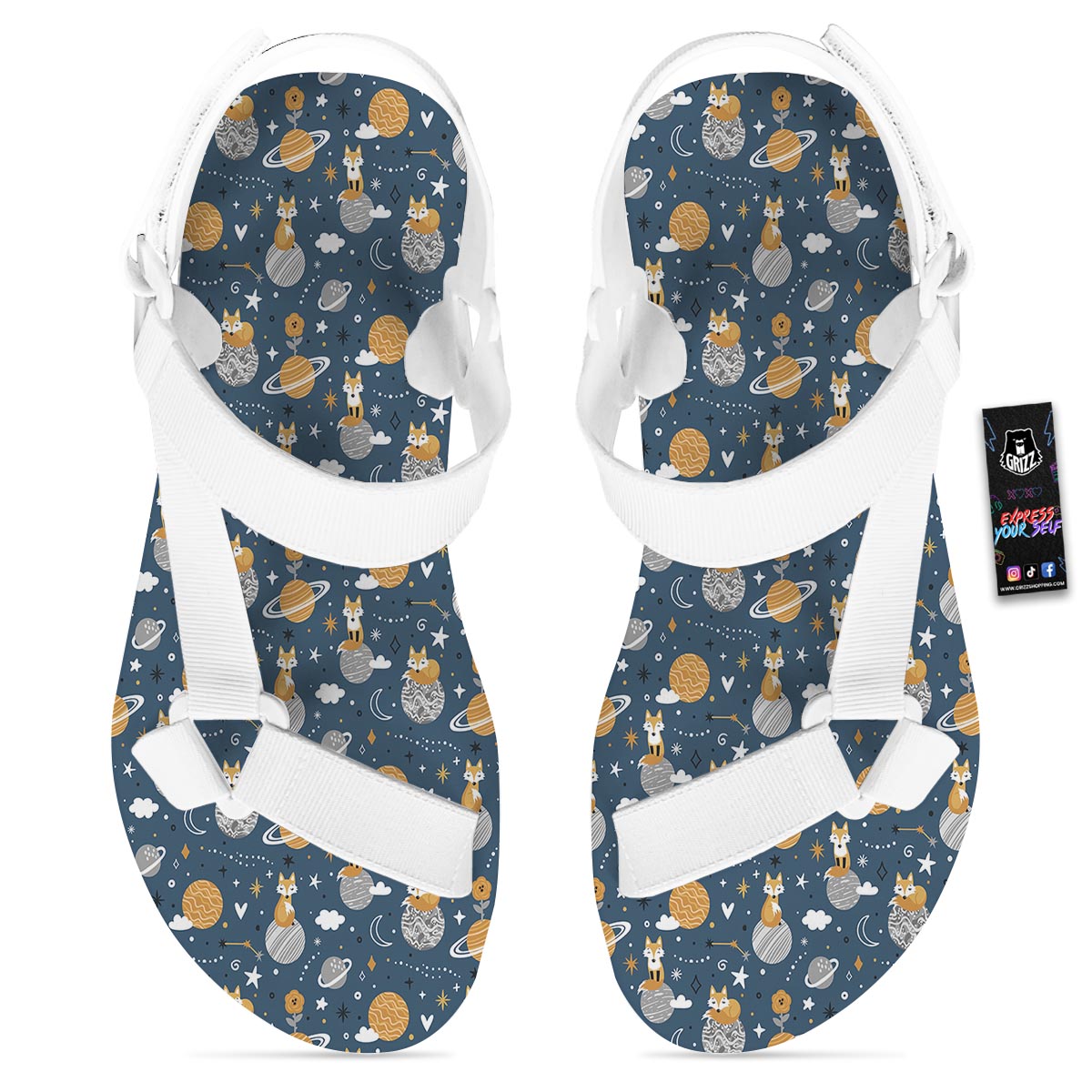Fox Space Print Pattern White Open Toe Sandals-grizzshop