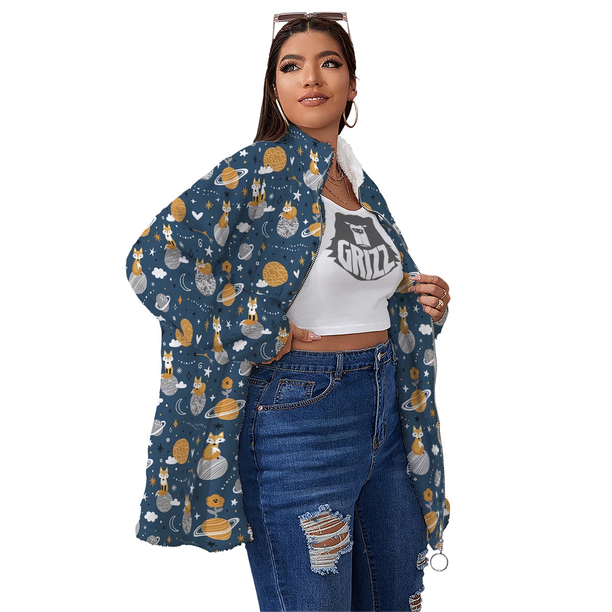Fox Space Print Pattern Women's Sherpa Jacket-grizzshop