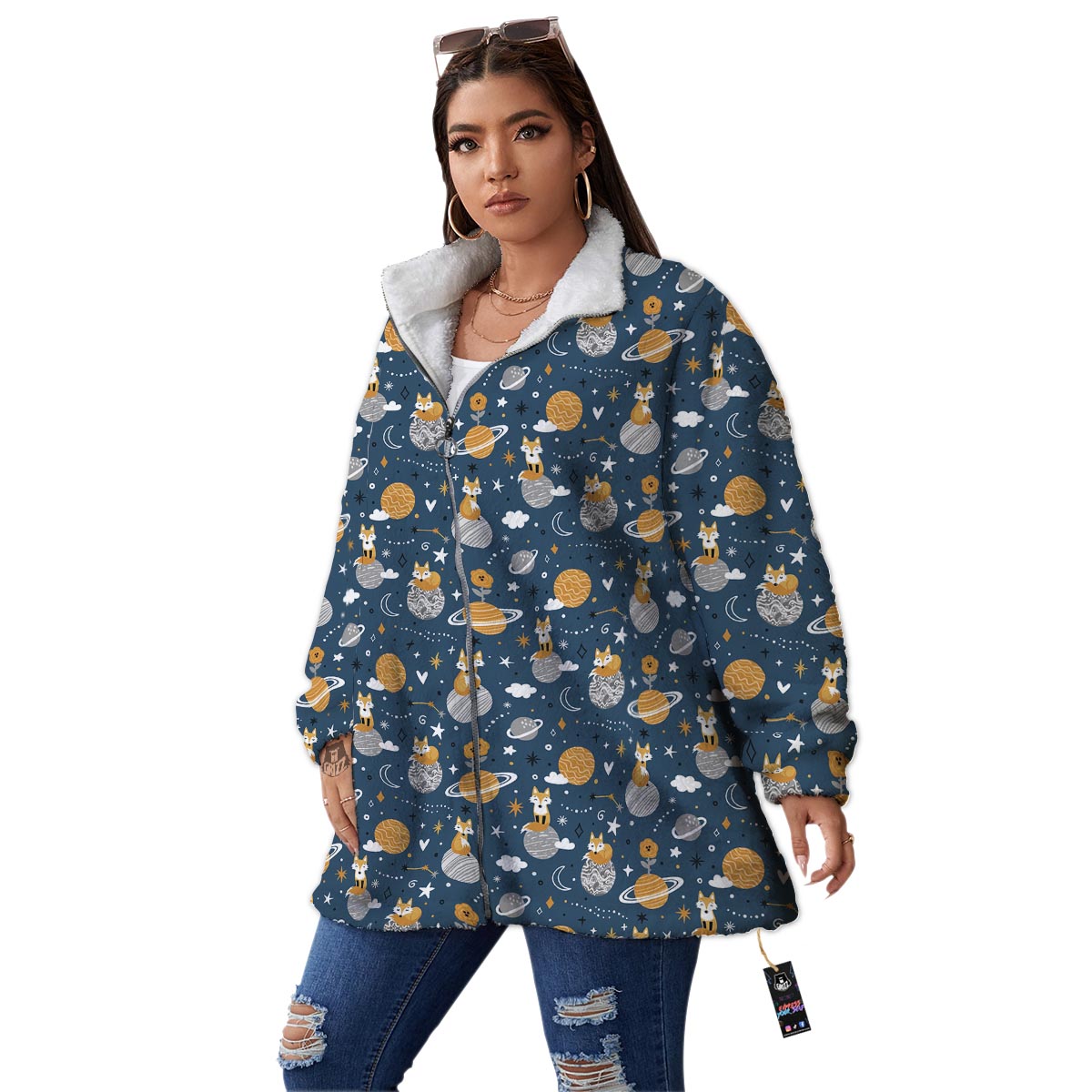 Fox Space Print Pattern Women's Sherpa Jacket-grizzshop