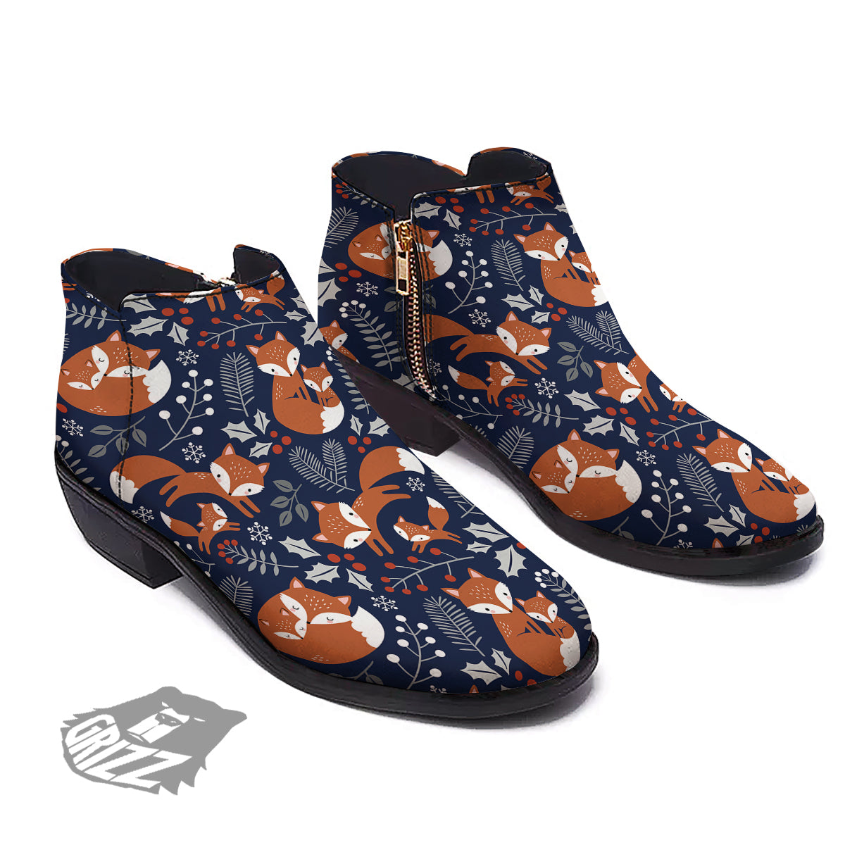 Fox Winter Print Pattern Ankle Boots-grizzshop