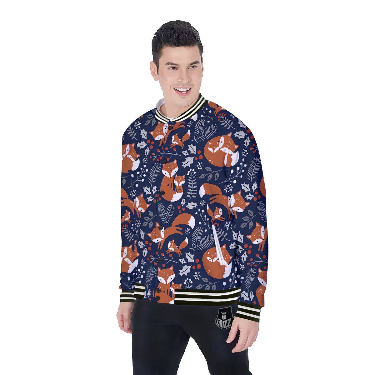 Fox Winter Print Pattern Baseball Jacket-grizzshop