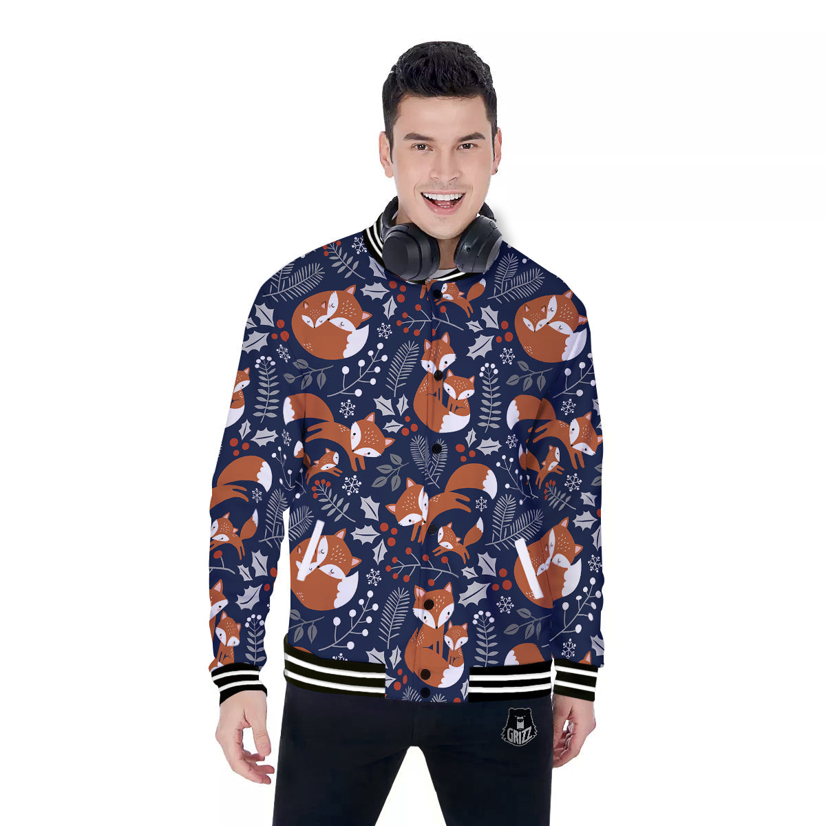 Fox Winter Print Pattern Baseball Jacket-grizzshop