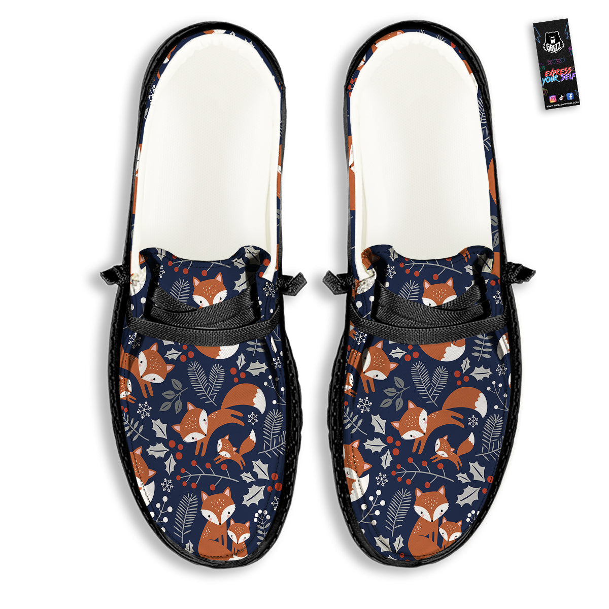 Fox Winter Print Pattern Black Loafers-grizzshop