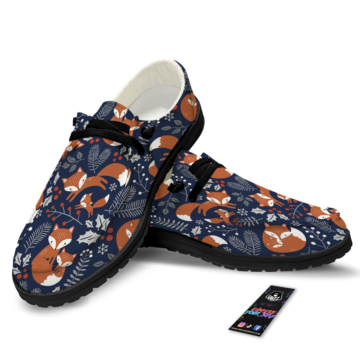 Fox Winter Print Pattern Black Loafers-grizzshop