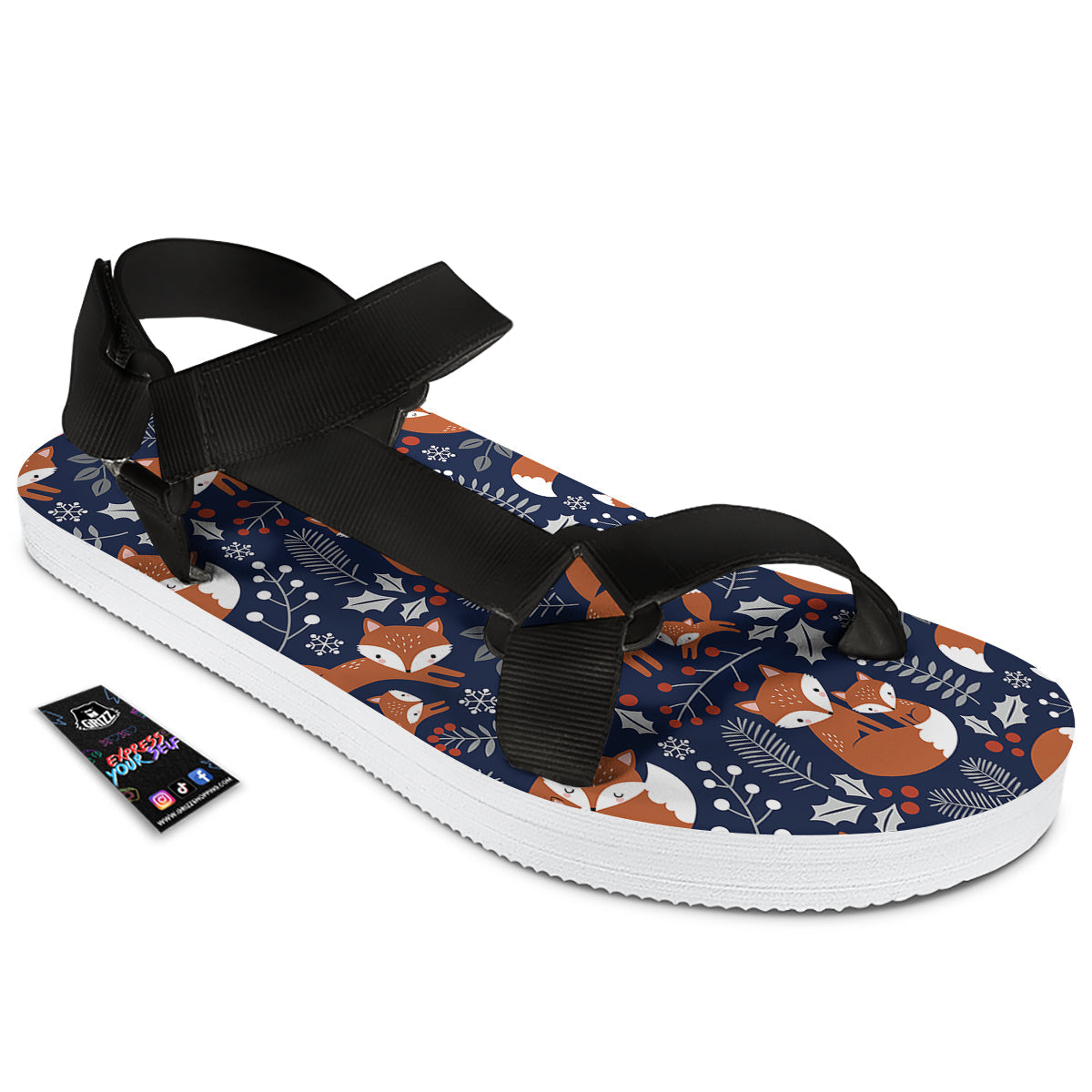 Fox Winter Print Pattern Black Open Toe Sandals-grizzshop