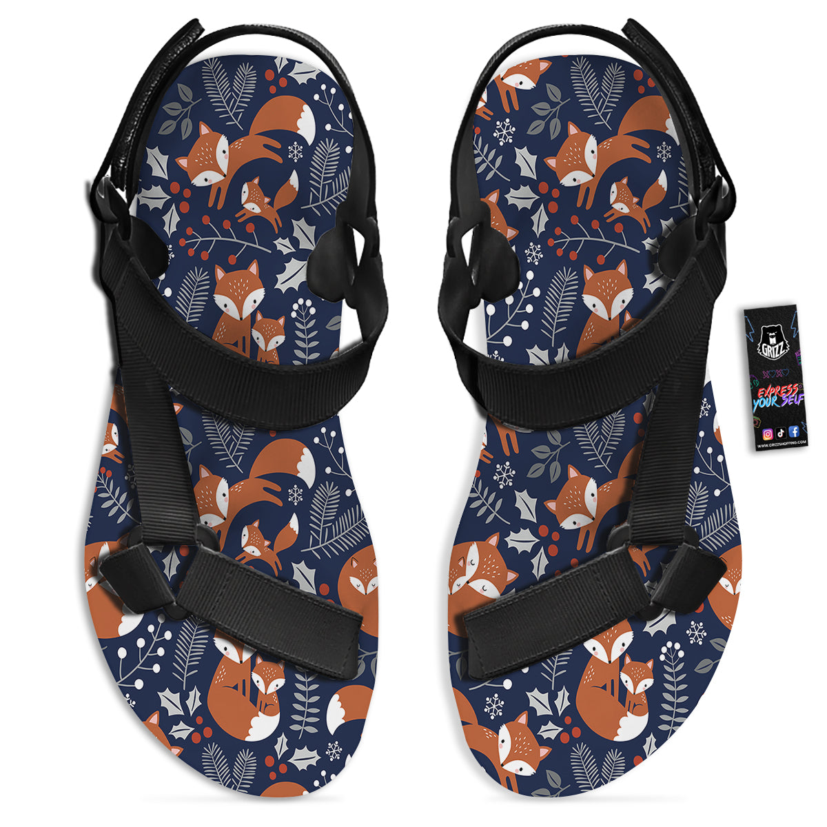 Fox Winter Print Pattern Black Open Toe Sandals-grizzshop