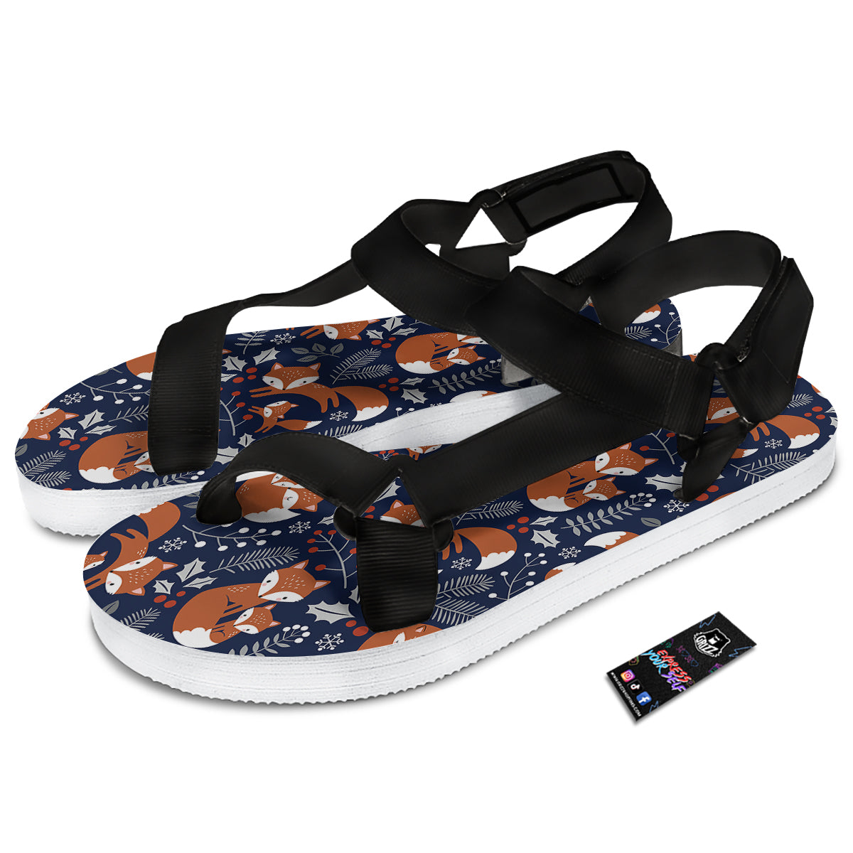 Fox Winter Print Pattern Black Open Toe Sandals-grizzshop