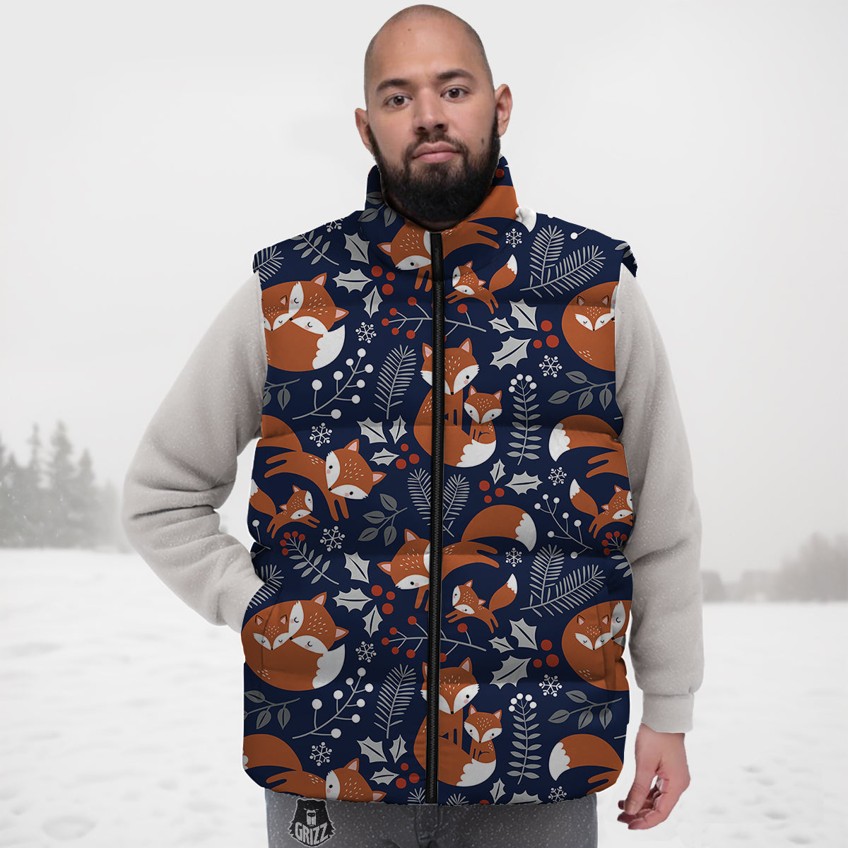 Fox Winter Print Pattern Down Vest-grizzshop