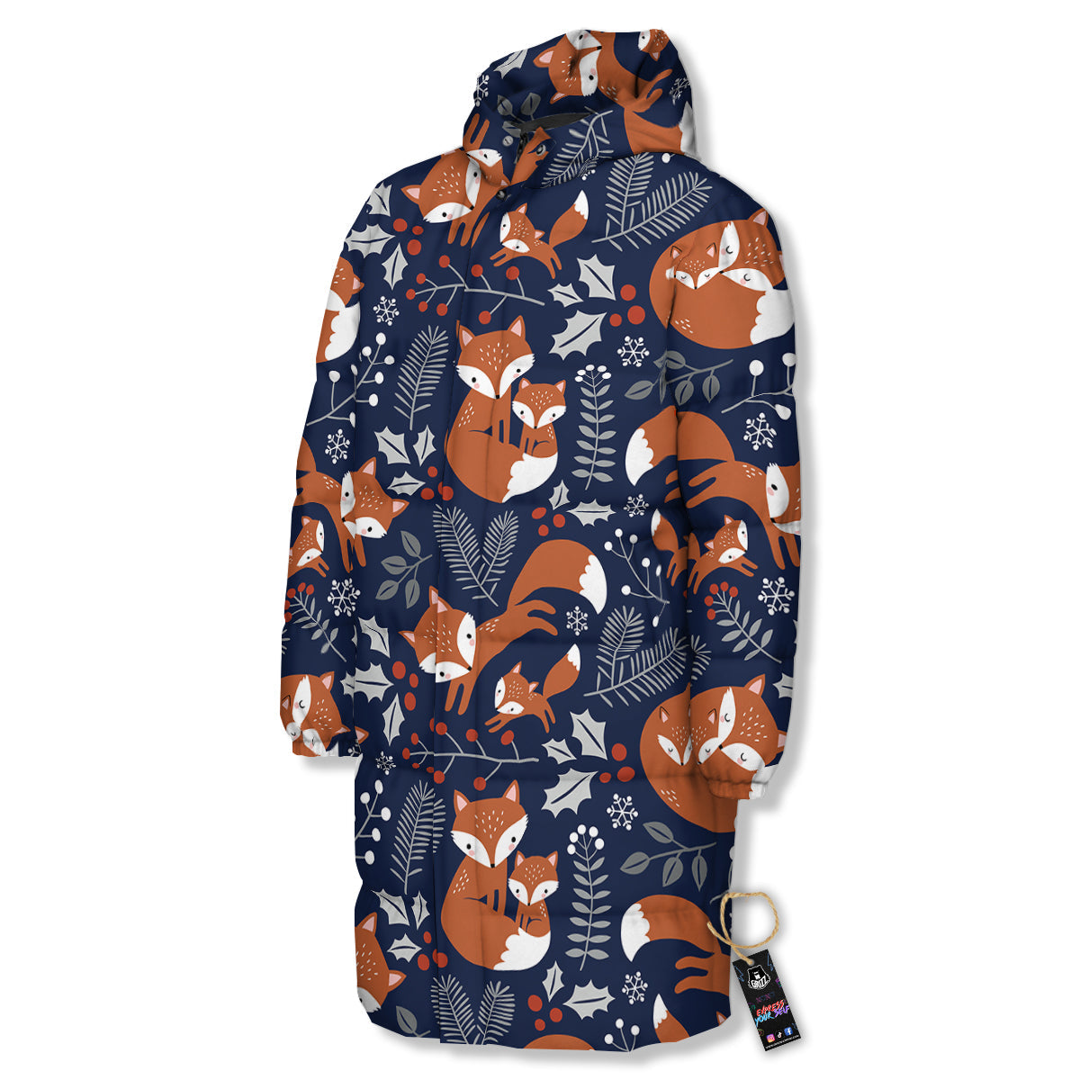 Fox Winter Print Pattern Long Down Jacket-grizzshop