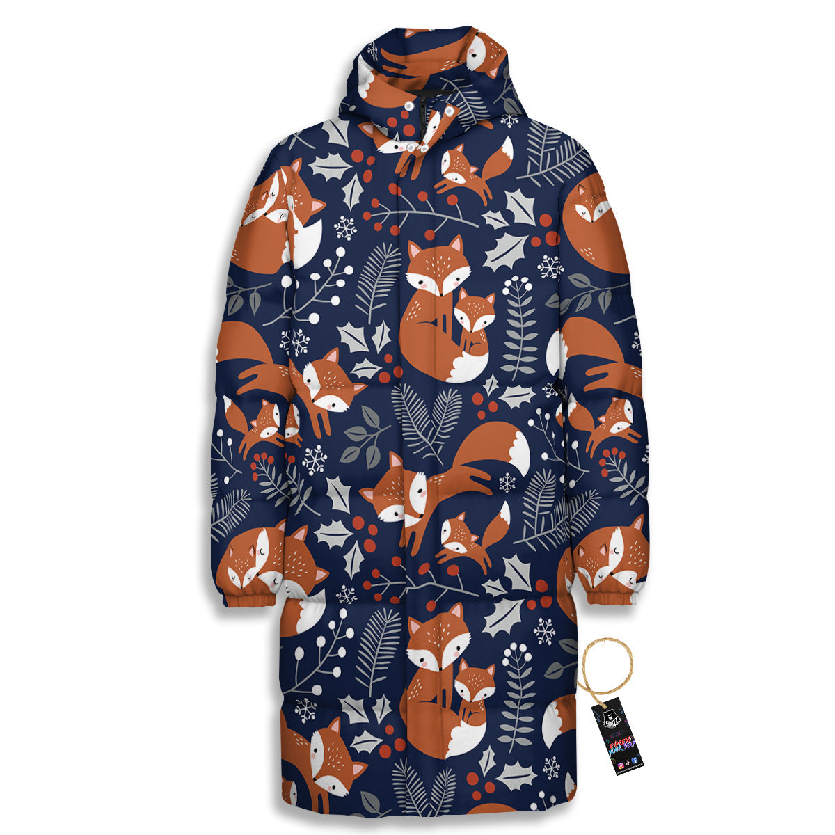 Fox Winter Print Pattern Long Down Jacket-grizzshop