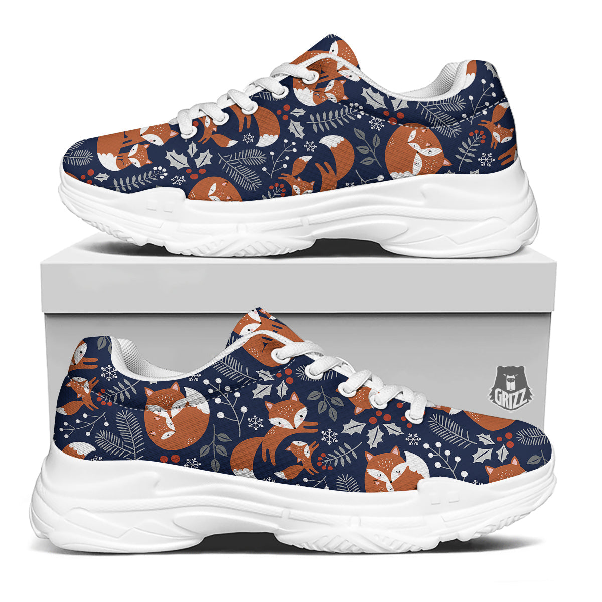 Fox Winter Print Pattern White Chunky Shoes-grizzshop