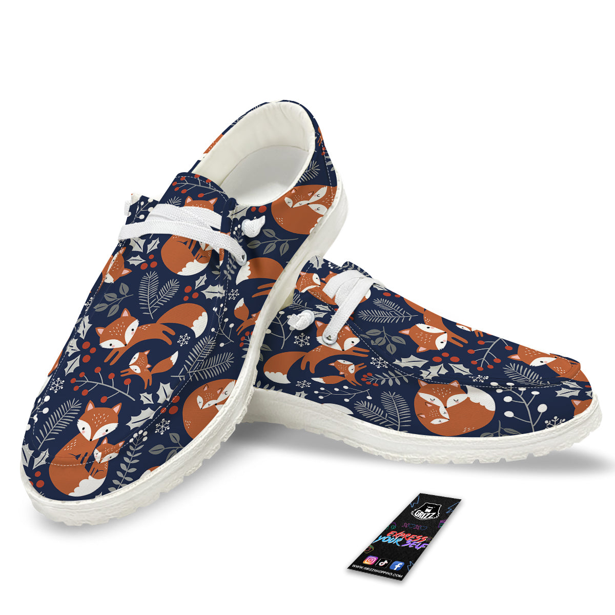 Fox Winter Print Pattern White Loafers-grizzshop