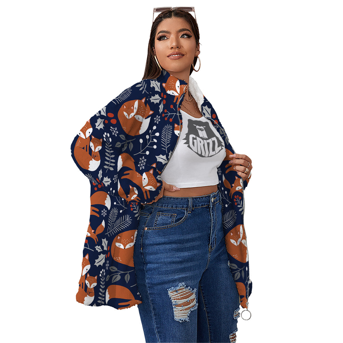 Fox Winter Print Pattern Women's Sherpa Jacket-grizzshop