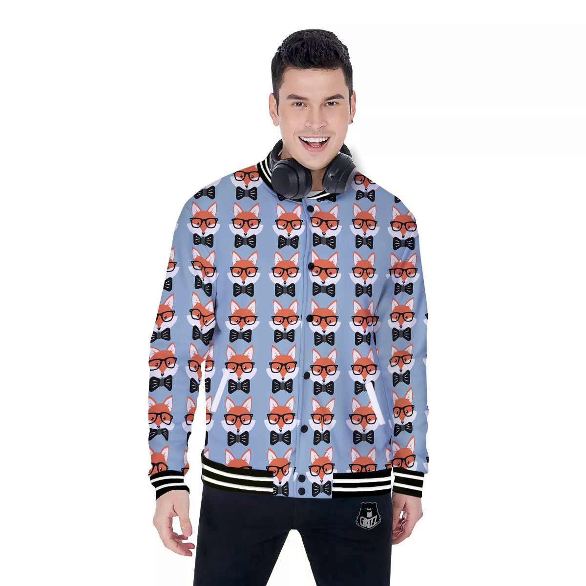 Fox With Glasses Print Pattern Baseball Jacket-grizzshop