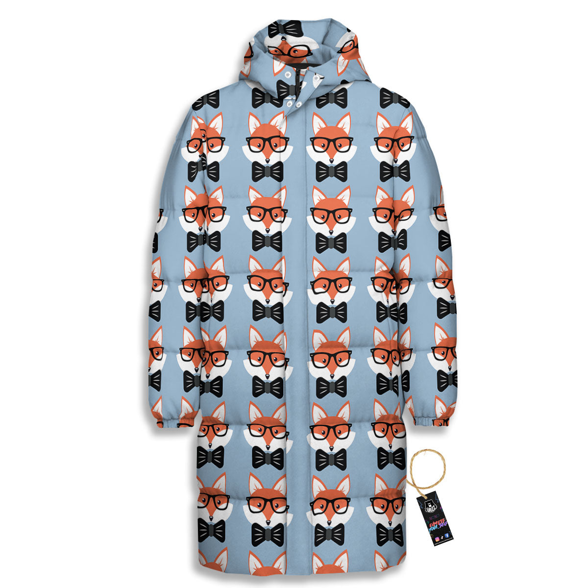 Fox With Glasses Print Pattern Long Down Jacket-grizzshop