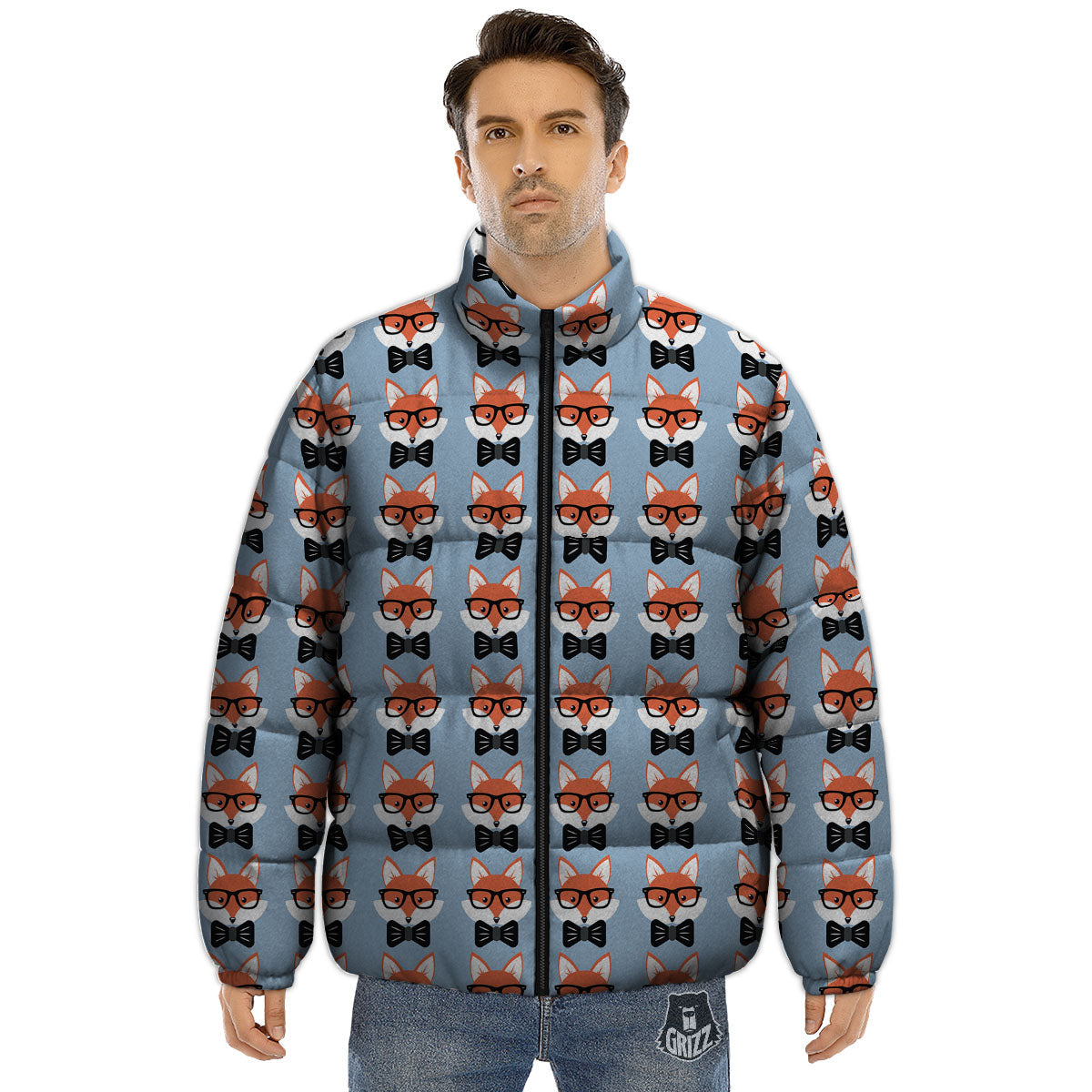 Fox With Glasses Print Pattern Puffer Jacket-grizzshop