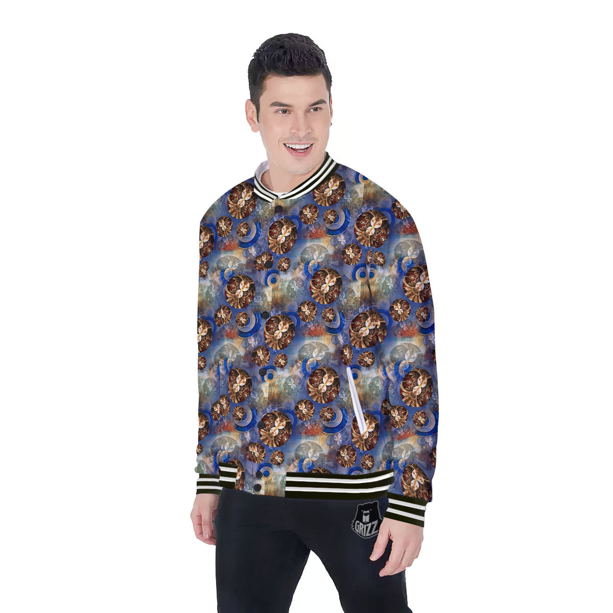 Fractal Abstract Print Baseball Jacket-grizzshop