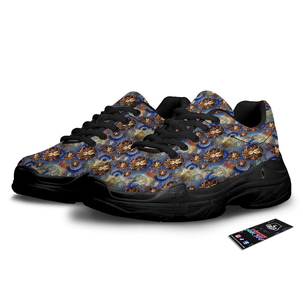Fractal Abstract Print Black Chunky Shoes-grizzshop
