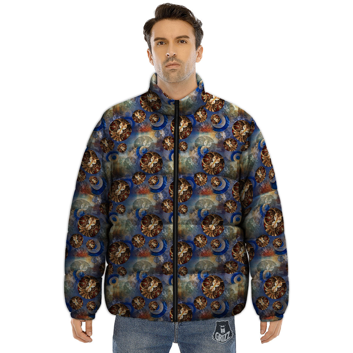 Fractal Abstract Print Puffer Jacket-grizzshop
