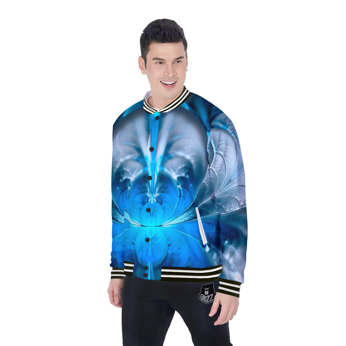 Fractal Blue Print Baseball Jacket-grizzshop