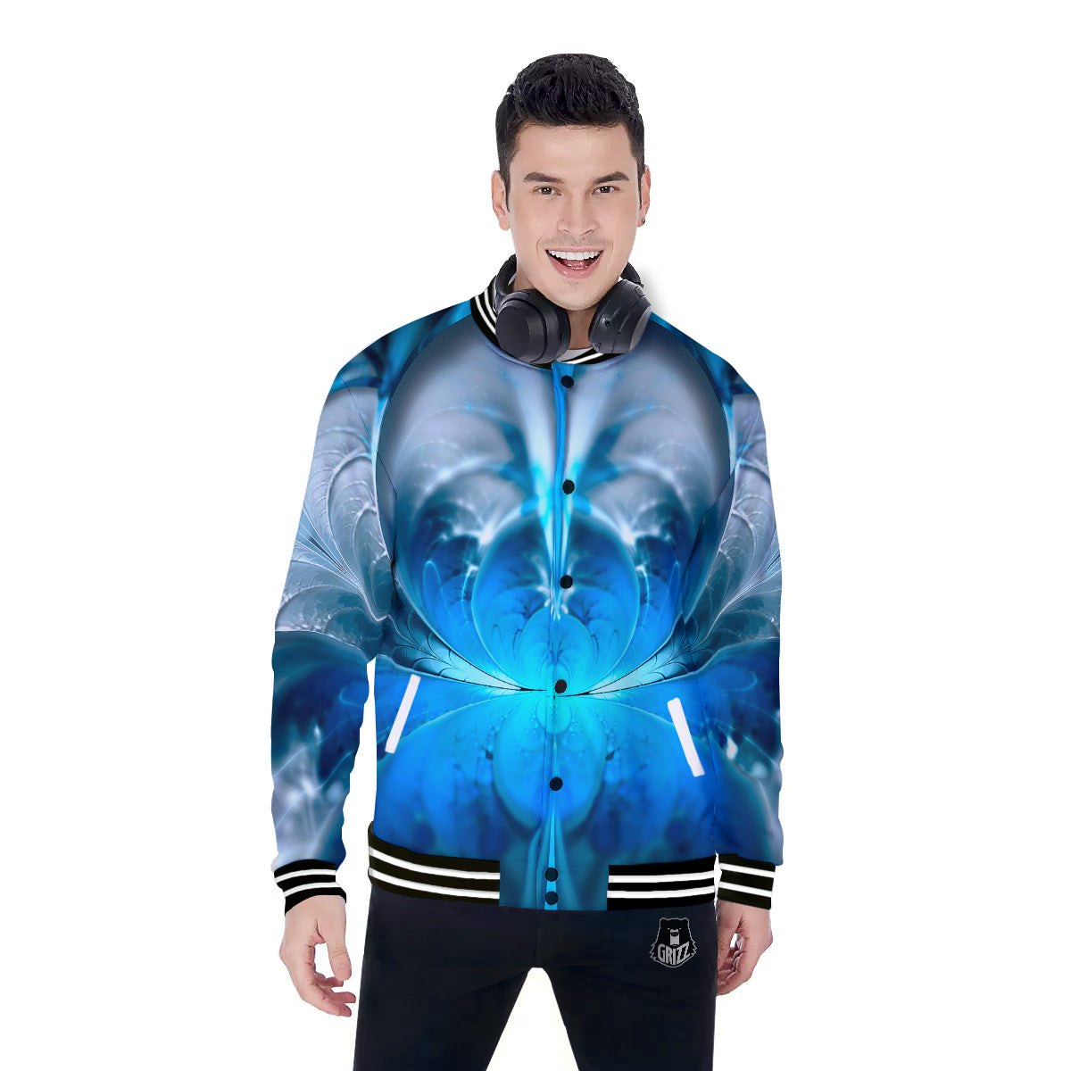 Fractal Blue Print Baseball Jacket-grizzshop
