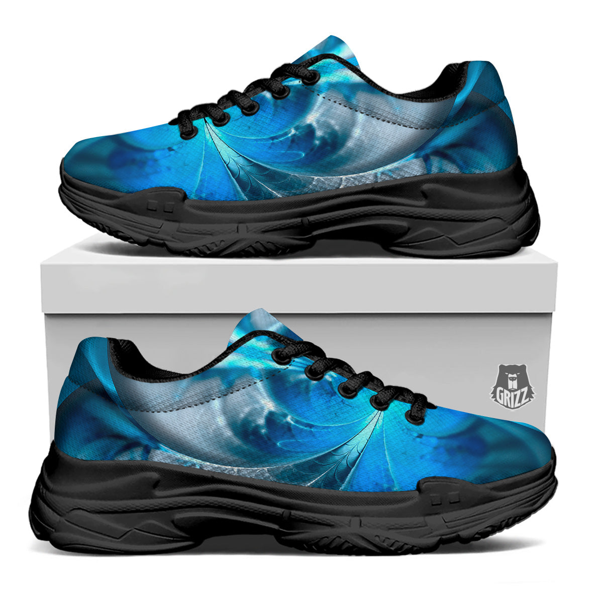 Fractal Blue Print Black Chunky Shoes-grizzshop