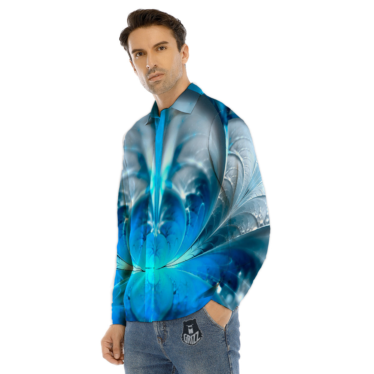 Fractal Blue Print Men's Dress Shirts-grizzshop